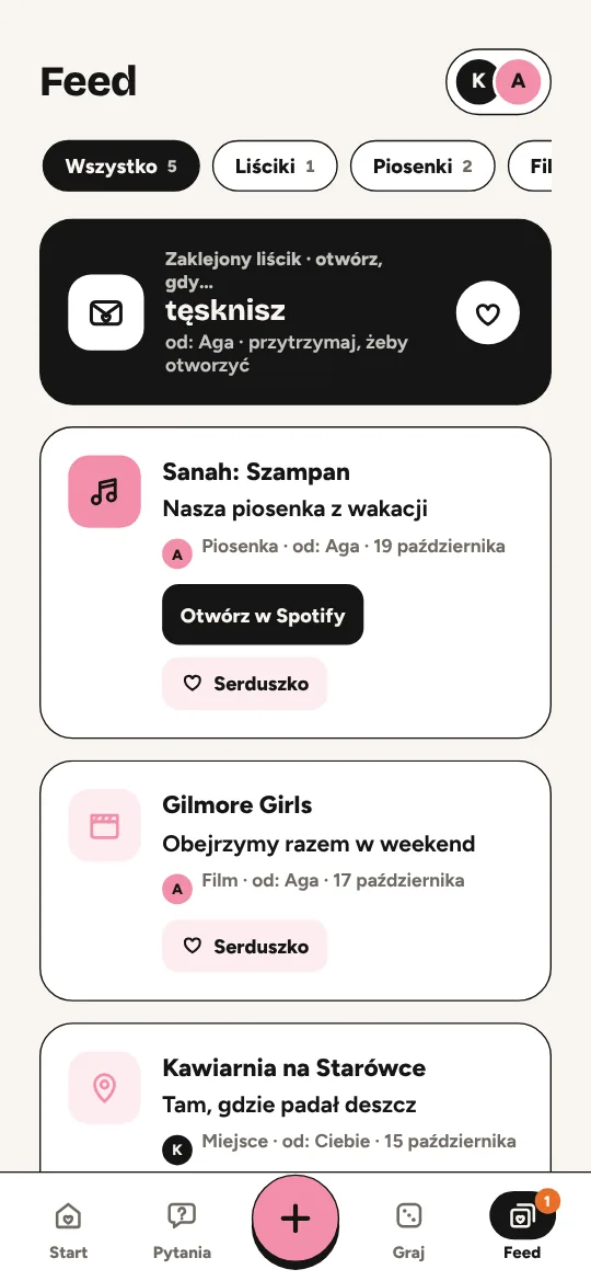 Ekran Feed: zaklejony liścik „otwórz, gdy tęsknisz” i piosenka od drugiej osoby