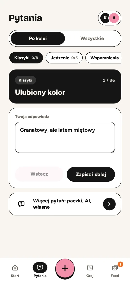 Ekran Pytania: pytanie z kategorii Klasyki i pole na odpowiedź