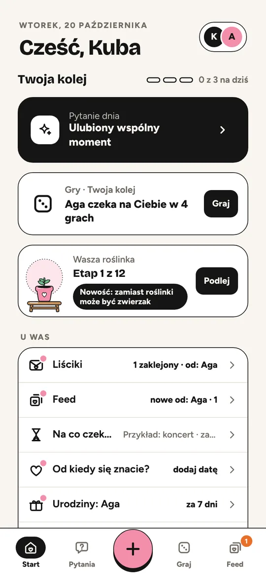 Ekran Start w aplikacji know u2: pytanie dnia, gry i wspólna roślinka